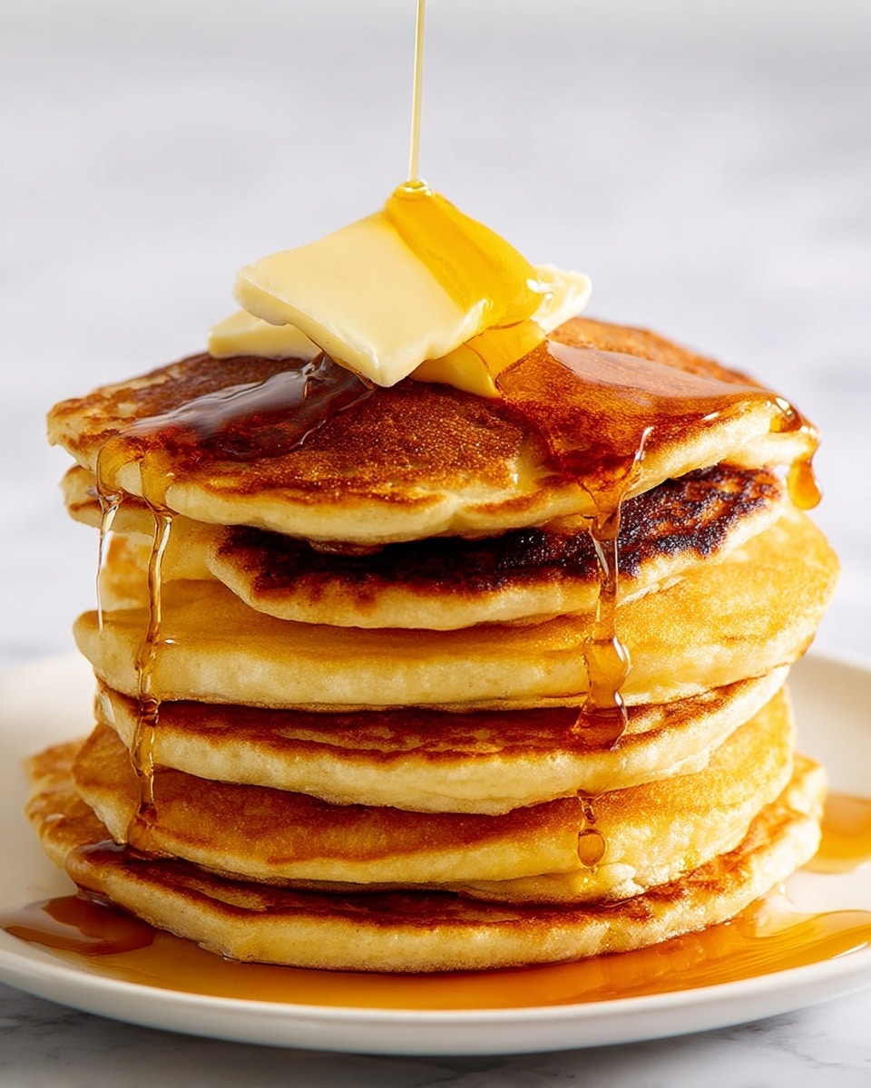 A stack of four thick, fluffy pancakes with a golden-brown top layer, drizzled with amber syrup that slightly runs down the sides, sits centered on a white round plate. The pancakes have a soft, spongy texture with light browning on the edges and a smooth surface on top. A silver fork and knife rest diagonally on the left side of the plate. The plate is placed on a crumpled green cloth, all set on a white marbled surface. Photo taken with an iphone --ar 4:5 --v 7