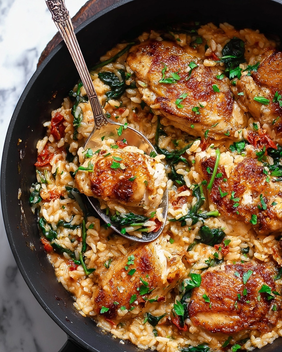 The image shows a close-up of a black cast iron pan filled with creamy risotto mixed with spinach and small pieces of sun-dried tomatoes, creating a base layer of soft, orange and green rice with a slightly glossy texture. On top, there are three pieces of golden-brown seared chicken breasts, each seasoned with herbs and black pepper, with a shiny, slightly oily surface that glistens under the light. Small green herb sprinkles are scattered across the chicken and risotto, adding fresh color contrasts. The pan is placed on a white marbled textured surface. photo taken with an iphone --ar 4:5 --v 7