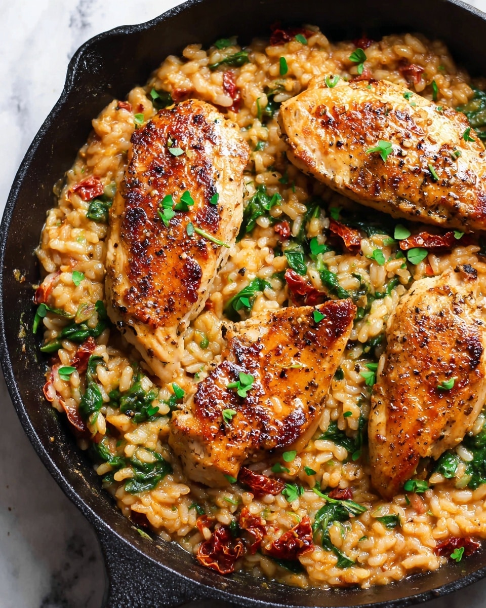 A black pot filled with a dish made of several pieces of browned, juicy chicken layered on top of soft, cooked rice mixed with wilted green spinach and small red sun-dried tomato pieces. The rice is creamy and orange-tinted from the spices and sauce, scattered with finely chopped fresh parsley. A silver spoon with detailed edges rests inside the pot, scooping up some rice and spinach. The pot is set on a white marbled surface. Photo taken with an iphone --ar 4:5 --v 7