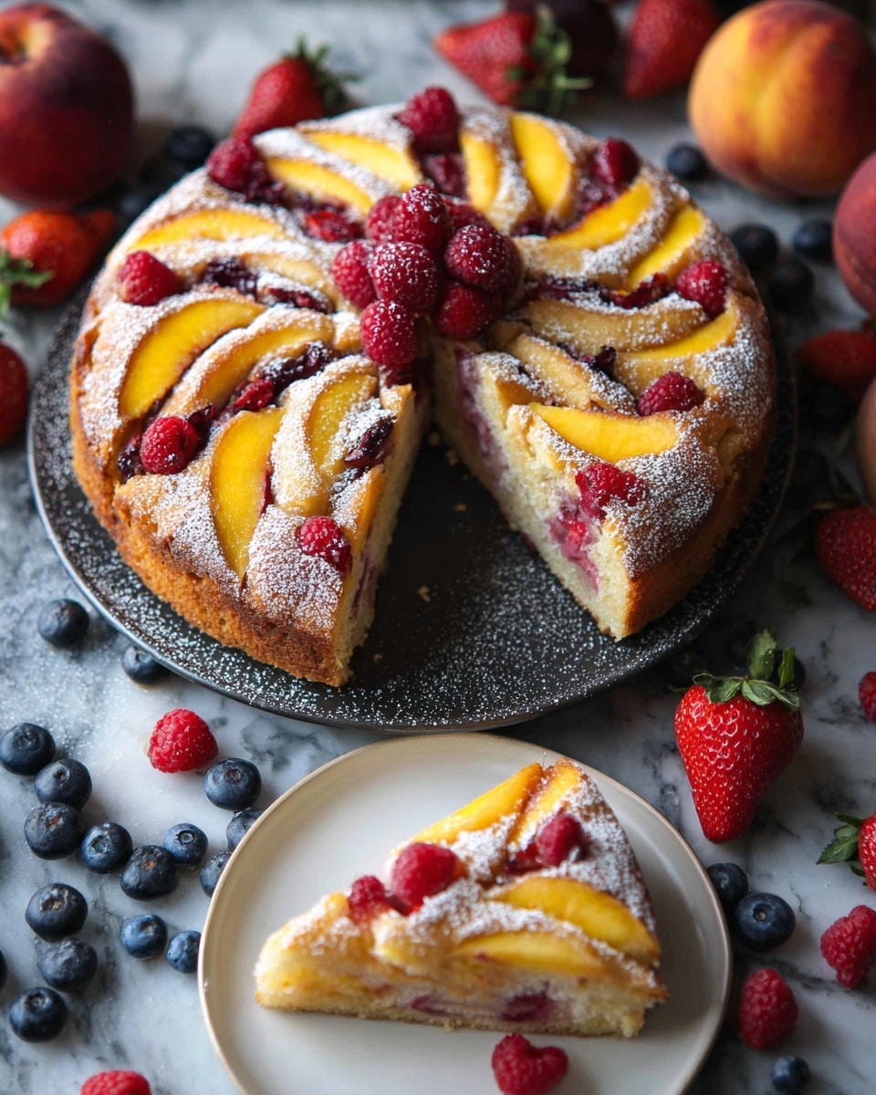A round fruit cake with a golden brown baked crust, topped with layers of yellow peach slices and deep red raspberries spread evenly across the surface. The peach slices are arranged in a slightly fanned pattern, with raspberries placed in clusters between them. The cake is lightly dusted with powdered sugar, adding a soft white texture on top. The cake rests on a black round tray, placed on a white marbled surface, with whole peaches, strawberries, and blueberries surrounding it in the background. photo taken with an iphone --ar 4:5 --v 7