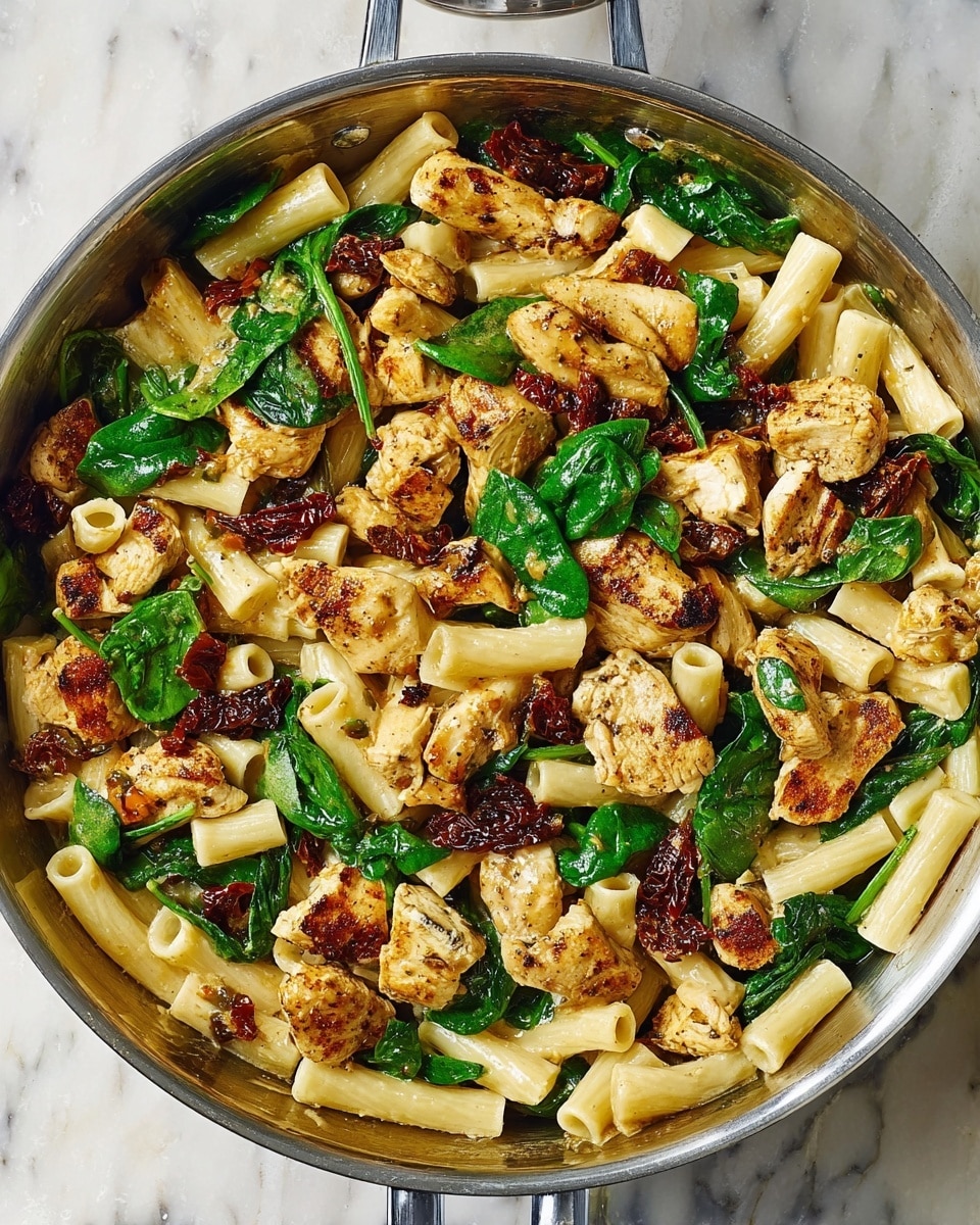 This image shows close-up creamy pasta with tubular noodles coated in a rich orange sauce. Bright green spinach leaves are spread evenly throughout, adding fresh color. There are pieces of sun-dried tomatoes giving a dark reddish-brown contrast against the creamy sauce. The pasta looks soft and creamy, with a slight sprinkle of red seasoning on top. The dish fills the frame, showing texture in the sauce and the noodles. The background is a white marbled texture. photo taken with an iphone --ar 4:5 --v 7