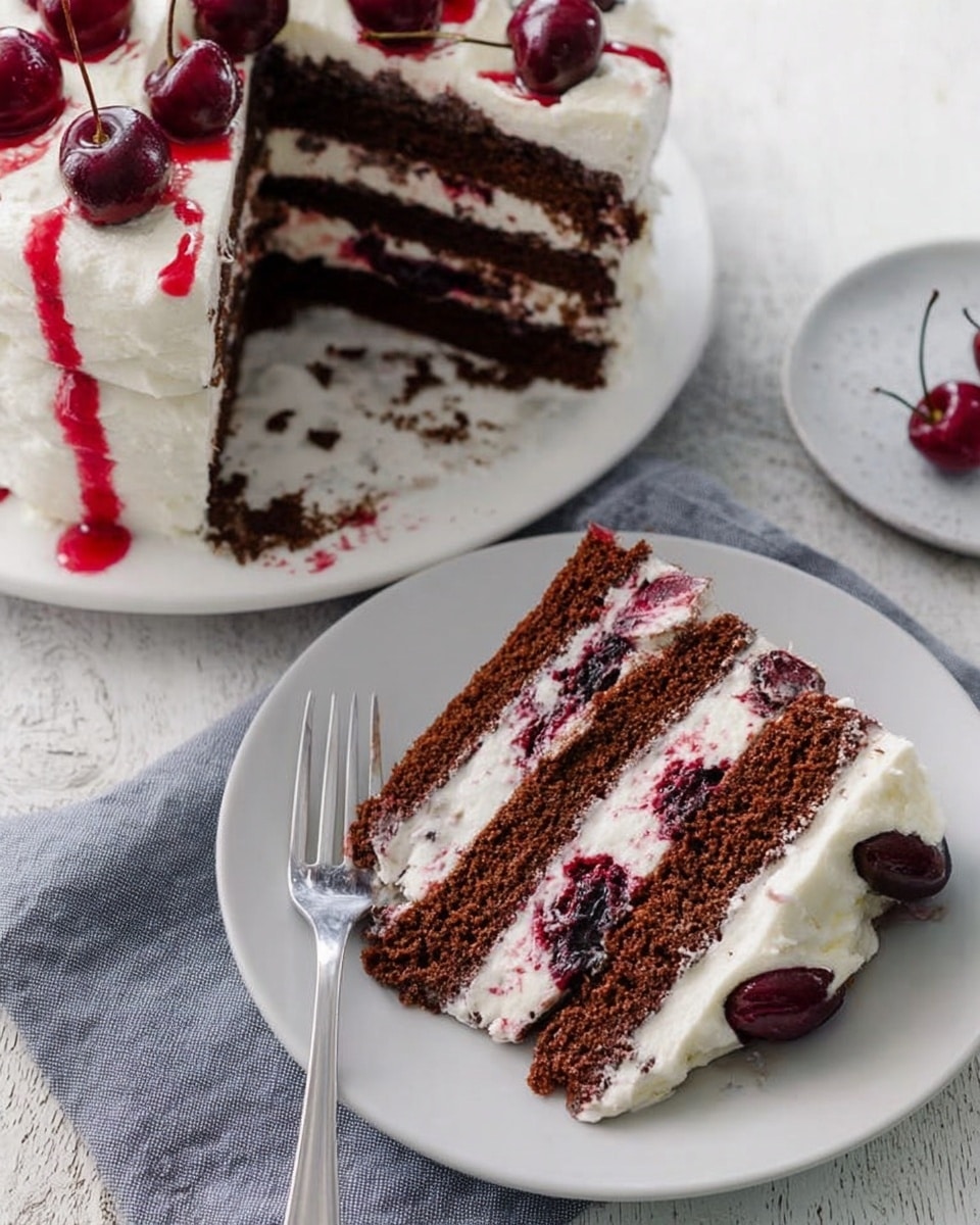 A slice of chocolate layer cake sits on a white plate, showing four thick layers of dark brown cake with three thick layers of white cream in between. The cake slice has bits of dark red cherries mixed in the cream layers, and some cherry syrup is drizzled on top of the white frosting covering the cake. The remaining cake on a large white plate has a missing slice, revealing the layers inside, with white cream frosting smoothly spread on top and decorated with whole cherries and red syrup. A fork on a gray cloth napkin rests nearby on a white marbled textured surface. Photo taken with an iphone --ar 4:5 --v 7