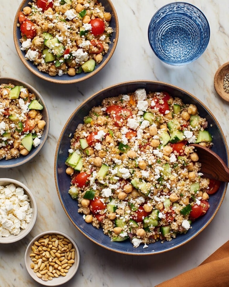 The image shows three white bowls filled with a colorful salad made of small grains mixed with cherry tomato halves, green cucumber pieces, pine nuts, and crumbled white cheese. The salad has a mix of light brown, red, green, and white colors, creating a fresh and vibrant look. Around the bowls, there are small white bowls with pine nuts and extra crumbled white cheese. The background features a white marbled texture, and the setup is simple and bright. Photo taken with an iphone --ar 4:5 --v 7