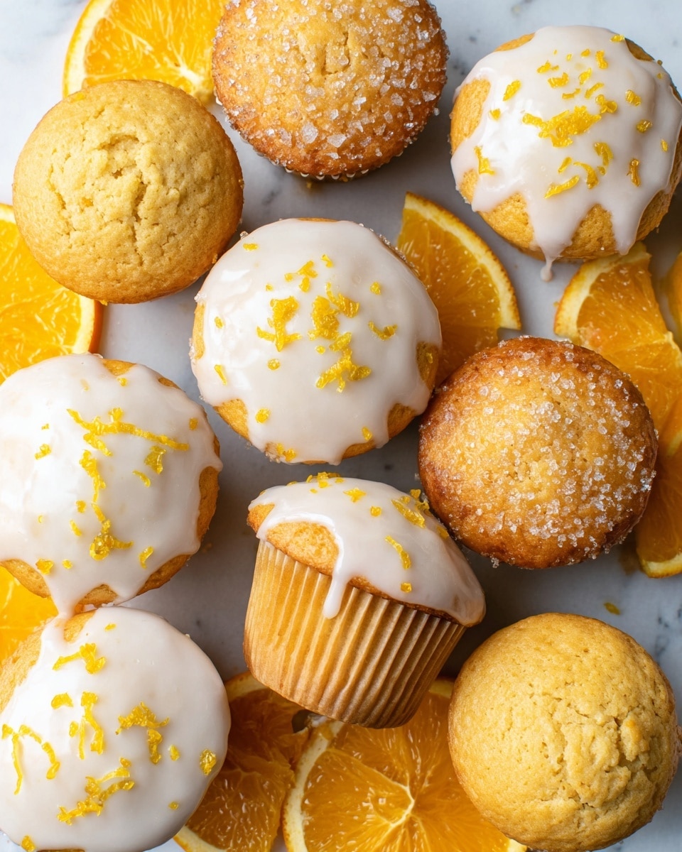 The image shows a group of orange muffins arranged on a white marbled surface. There are two types of muffins: some have a smooth golden top sprinkled with coarse sugar, while others are topped with a white glaze that slightly drips down the sides, sprinkled with tiny bits of orange zest. Around the muffins, there are several orange slices, both whole and halved, displaying bright, juicy orange interiors. The muffins and orange slices are arranged closely together, filling the frame fully. photo taken with an iphone --ar 4:5 --v 7