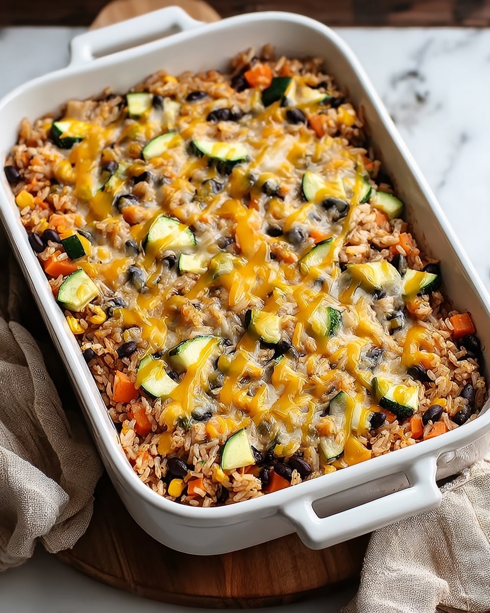 A white rectangular baking dish holds a colorful casserole with multiple visible layers. The bottom layer consists of cooked brown rice mixed with small pieces of orange carrot, creating a textured orange-brown base. On top, scattered black beans add contrast with their dark black color. Mixed throughout and on the surface are pieces of green zucchini, cut into half-moon shapes, giving a fresh look. The casserole is topped with melted yellow cheese that is stretchy and slightly browned in spots, adding a creamy texture. The dish rests on a round wooden board with a soft, beige cloth nearby, all set against a white marbled textured surface. photo taken with an iphone --ar 4:5 --v 7