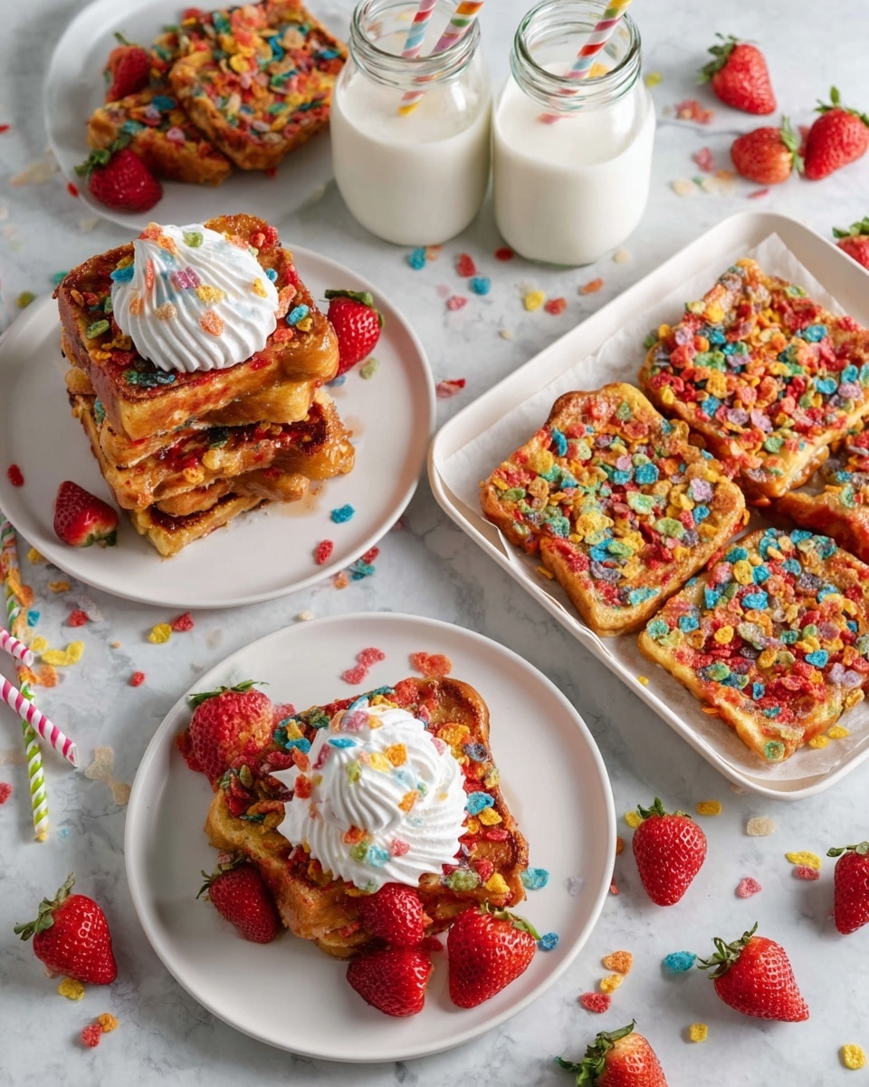 Two pieces of golden brown French toast covered with colorful cereal pieces, stacked on a white plate with light syrup drizzled around. On top of the French toast is a swirl of white whipped cream with more colorful cereal sprinkled on it. To the right side of the plate sits a bright red strawberry with a green leafy top. The plate rests on a white marbled textured surface. photo taken with an iphone --ar 4:5 --v 7