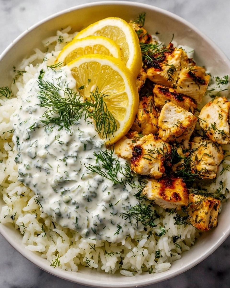The image shows a white bowl filled with three layers: the bottom layer is fluffy white rice with small green herb pieces mixed in, giving it a light green touch; the middle layer has chunks of grilled chicken with a golden-brown, slightly charred surface, scattered with fresh green dill; the top layer is a creamy white sauce with visible chopped herbs, spread over the chicken on one side. Two bright yellow lemon slices with visible pulp rest on the rice beside the sauce, and extra dill sprigs are scattered on top. The bowl sits on a white marbled texture. photo taken with an iphone --ar 4:5 --v 7