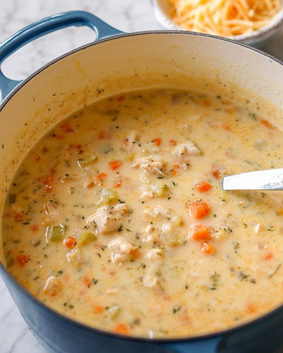 A large blue pot filled with creamy soup that has a thick texture, containing visible pieces of orange carrots, green celery, and small chunks of light brown chicken mixed evenly in the pale yellow base, with little flecks of green herbs spread throughout. The pot is placed on a white marbled surface, and a small ornate white bowl on the right side holds thin shavings of pale yellow cheese. Photo taken with an iphone --ar 4:5 --v 7
