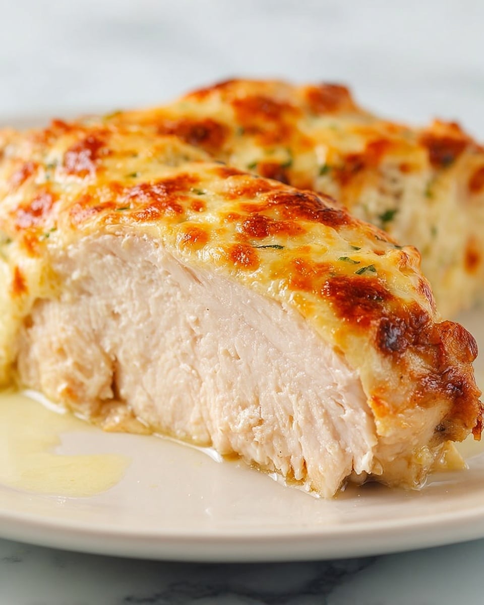 A close-up view of a thick, sliced piece of cooked chicken breast topped with a golden-brown baked cheese layer that has bubbly and slightly browned spots. The chicken meat is pale and juicy with visible texture, sitting on a smooth white plate, all against a white marbled surface. The melted cheese crust forms the top layer with a slightly crispy texture, while the bottom is the tender chicken breast with a small pool of clear juices around it. Photo taken with an iphone --ar 4:5 --v 7