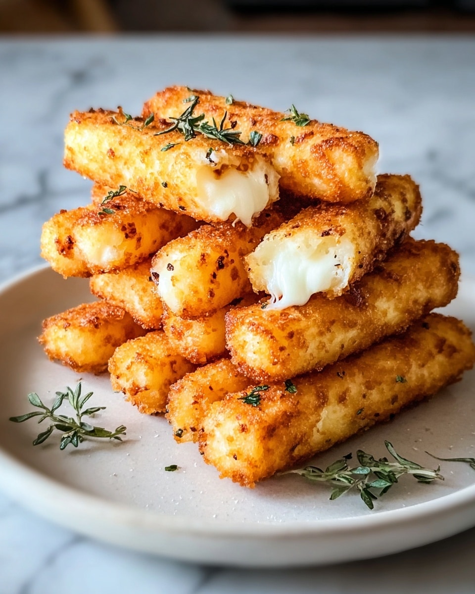 A stack of eight golden-brown fried cheese sticks sits neatly on a white plate with a subtle marbled texture, each stick showing a crispy, crunchy outer layer with small browned spots and a soft, white, melted cheese core peeking through on the ends. There are small green herb sprigs scattered on top, adding color and a fresh look to the warm, inviting cheese sticks. The background features a white marbled surface that contrasts with the warm colors of the food, making the dish stand out. photo taken with an iphone --ar 4:5 --v 7