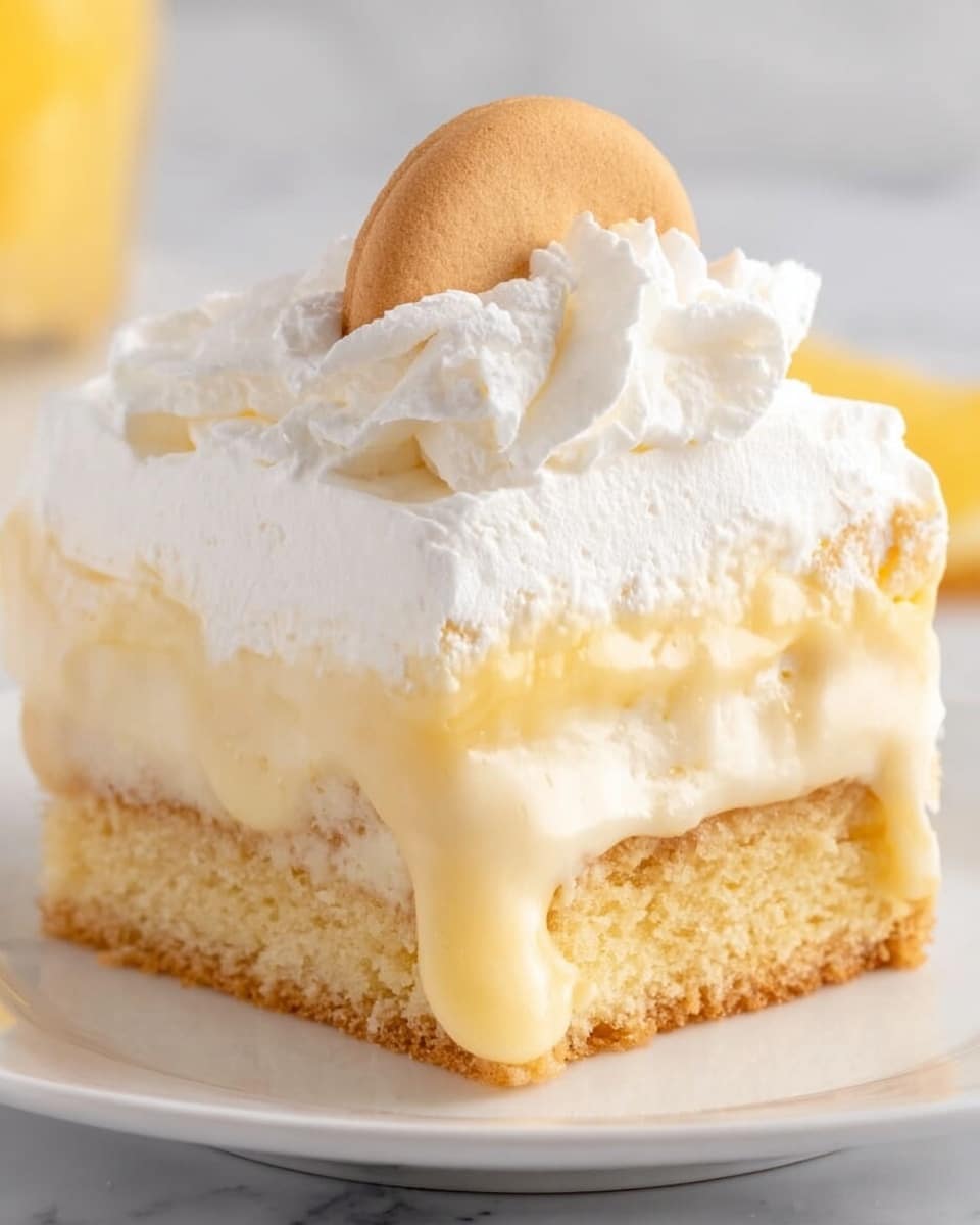 The image shows a close-up of a square piece of creamy dessert with three layers. The bottom layer is a soft, yellow sponge cake with a light, airy texture. The middle layer is a thick, smooth, pale yellow custard that looks rich and slightly runny, blending a bit with the sponge below it. The top layer is a thick, white whipped cream, spread evenly with a slight texture from the spreading knife. A single round vanilla wafer cookie is placed vertically at the back edge of the whipped cream layer. The dessert sits on a shiny white plate, placed on a white marbled surface. The photo taken with an iphone --ar 4:5 --v 7