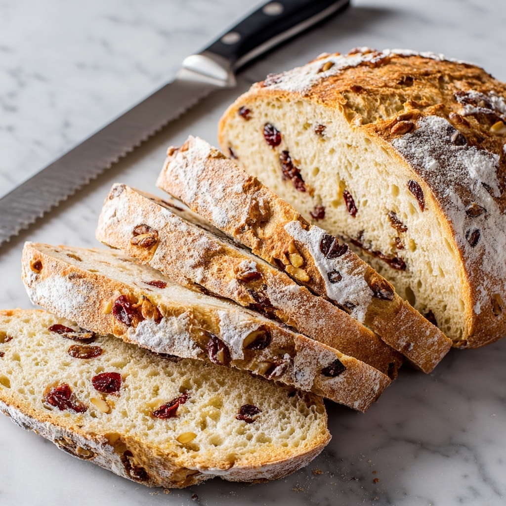 The image shows a sliced rustic bread loaf dusted with white flour on a white marbled surface. The loaf is cut into five thick slices, stacked one on top of the other at an angle, revealing the inside of the bread filled with dark red dried cranberries and light brown nuts scattered throughout its soft, pale beige crumb. The crust is golden brown with a rough texture and some cracks. A serrated knife with a black handle rests horizontally behind the bread. Photo taken with an iphone --ar 4:5 --v 7