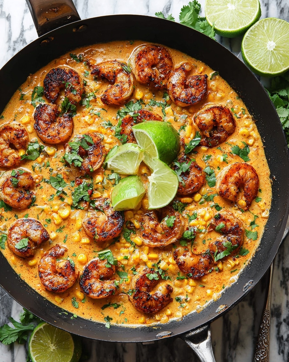 A black pan filled with creamy orange sauce at the base with small grilled corn pieces mixed inside, topped with a single layer of browned, seasoned shrimp arranged evenly across the surface. Bright green lime wedges are placed on top, and fresh cilantro leaves are scattered over the shrimp and sauce. The pan sits on a white marbled texture with some utensils and lime halves around it. Photo taken with an iphone --ar 4:5 --v 7