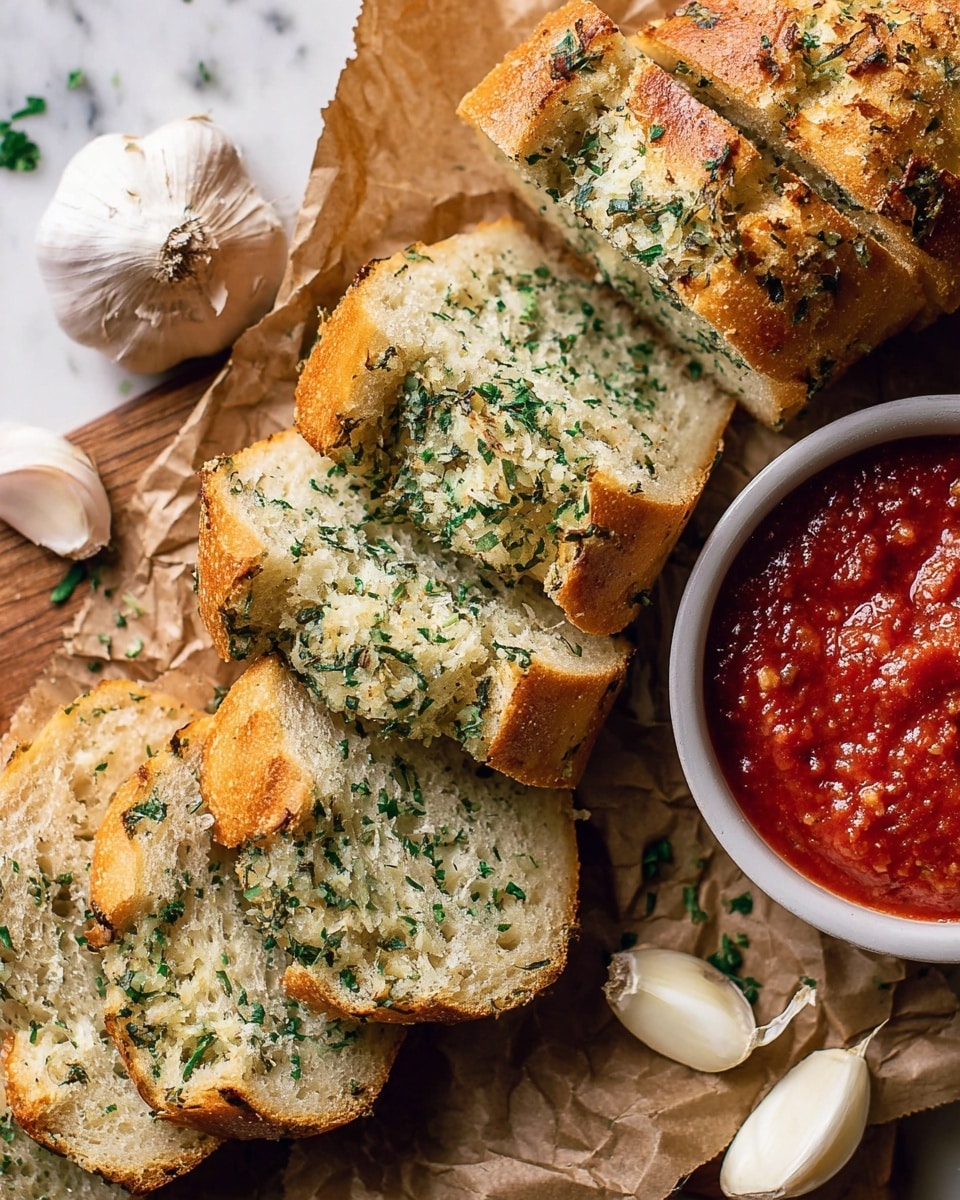 A sliced loaf of garlic bread is placed on crumpled brown parchment paper over a white marbled surface. The bread has a golden-brown crust with a soft inside spread with a green herb and garlic mixture that includes visible bits of chopped parsley and garlic. Some slices lie flat, showing the herb spread clearly, while the rest are stacked slightly leaning to the left. To the right of the bread, there is a white bowl filled with thick red marinara sauce with some sauce spilled on the parchment paper next to it. In the bottom left corner, a few peeled garlic cloves are also visible. photo taken with an iphone --ar 4:5 --v 7