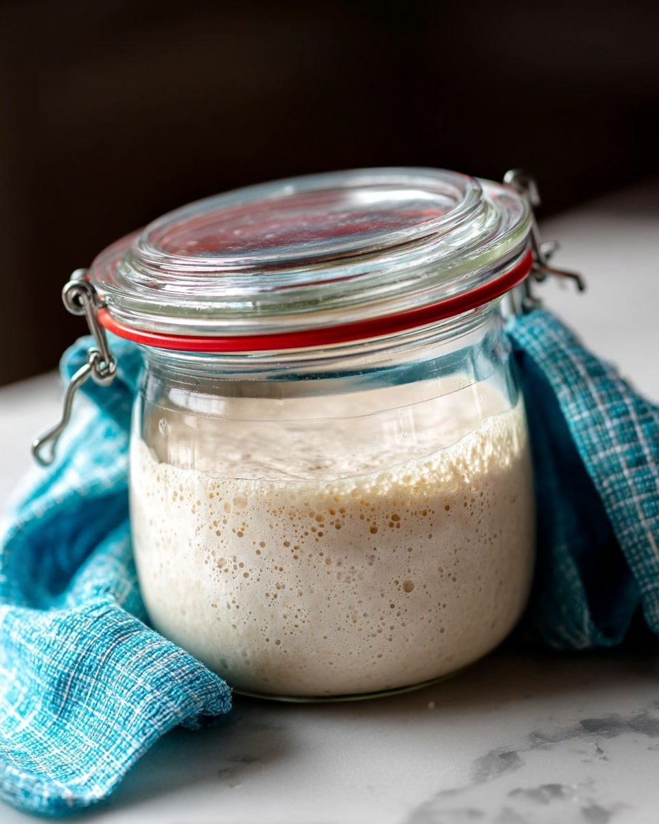 A clear glass jar with a red rubber seal and metal clasp is open, revealing a bubbly, pale beige sourdough starter inside. The jar sits on a white marbled surface, with a folded turquoise cloth resting on the jar's rim under the open lid. The texture of the starter is foamy and full of air bubbles throughout its soft, slightly sticky body. The background is dark and blurred, making the jar and its creamy contents the clear focus of the image. Photo taken with an iphone --ar 4:5 --v 7