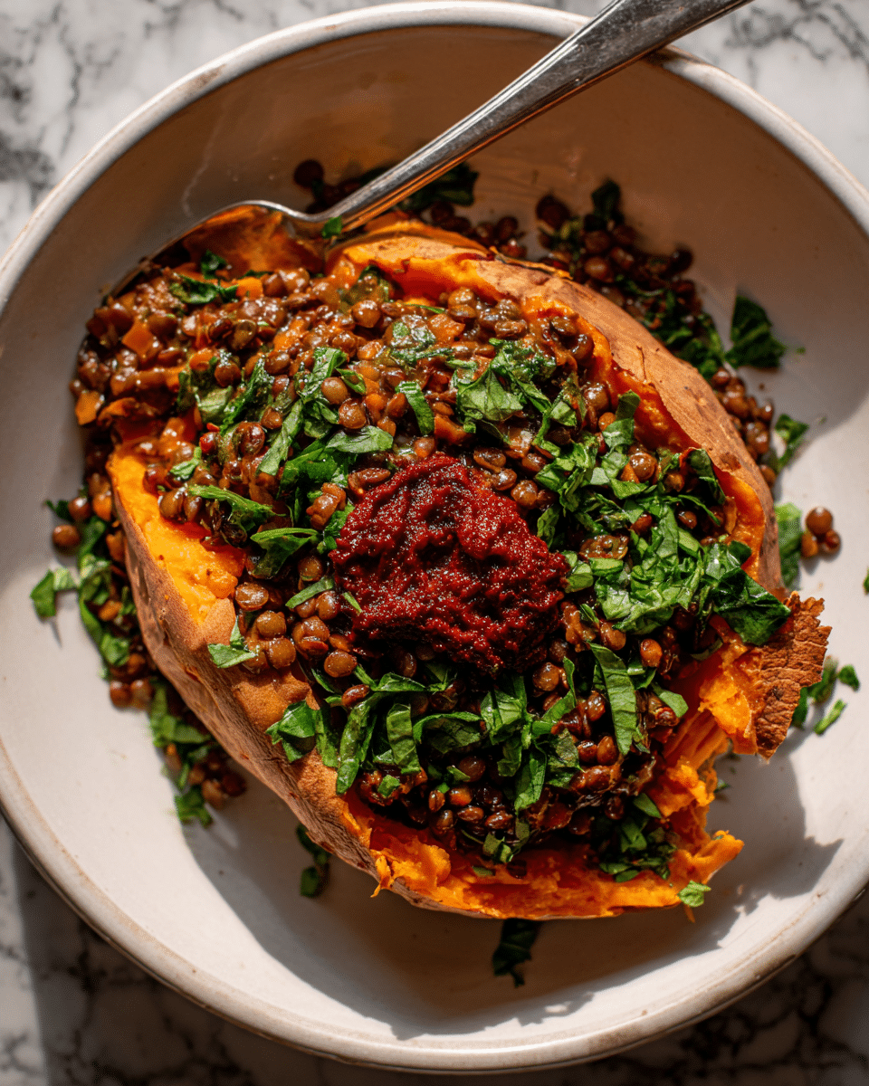The image shows a white plate with a baked sweet potato as the base layer, its orange flesh soft and slightly mashed, with the skin folded back around the edges. On top, there is a thick layer of cooked lentils mixed with green leafy herbs, creating a textured mix of dark brown lentils and fresh green leaves. A dollop of deep red sauce or paste sits in the center, adding a bold color contrast. Some bright green chopped herbs are sprinkled on top and scattered around the plate. A silver spoon rests inside the bowl, partly sunk into the lentil mixture. The whole scene is set on a white marbled surface. photo taken with an iphone --ar 4:5 --v 7