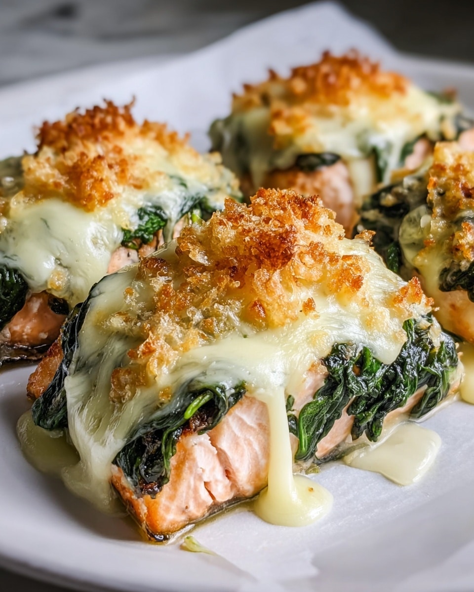 The image shows three pieces of baked salmon placed closely together on a white plate. Each piece is topped with a layer of dark green cooked spinach, followed by a thick layer of melted creamy cheese that looks soft and slightly browned on top. On top of the cheese, there is a crunchy golden-brown crust, adding texture and color contrast. The salmon itself is light pink with visible grilled marks at the edges, and some melted cheese has dripped onto the white marbled surface beneath the plate. photo taken with an iphone --ar 4:5 --v 7