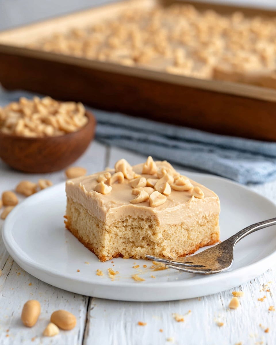 A rectangular bar dessert shown in a metal baking pan with one square cut out at the corner, revealing a thick bottom layer of light golden cake and a top layer of creamy beige frosting sprinkled with small pieces of chopped nuts. In the background, the cut square piece is placed on a white plate with a fork resting beside it, all on a white marbled texture surface. The creamy frosting has a smooth texture with scattered nut bits adding a rough contrast on top. Photo taken with an iphone --ar 4:5 --v 7