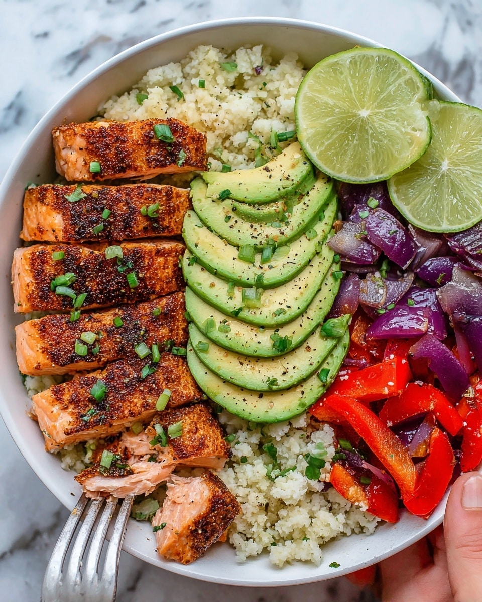 A white bowl filled with a meal arranged in four sections: in the top right, golden brown cooked grains that look like quinoa; next to it on the right side, grilled chicken breast sliced into several pieces with a dark, slightly crispy exterior; at the top left, a mix of sautéed red bell peppers and purple onions, cut into medium chunks, with a lightly charred look; at the bottom left, thin slices of avocado sprinkled with black pepper and chopped green herbs, topped with two lime wedges resting on the avocado. The bowl is placed on a white marbled surface with a small piece of lime in the background. Photo taken with an iphone --ar 4:5 --v 7