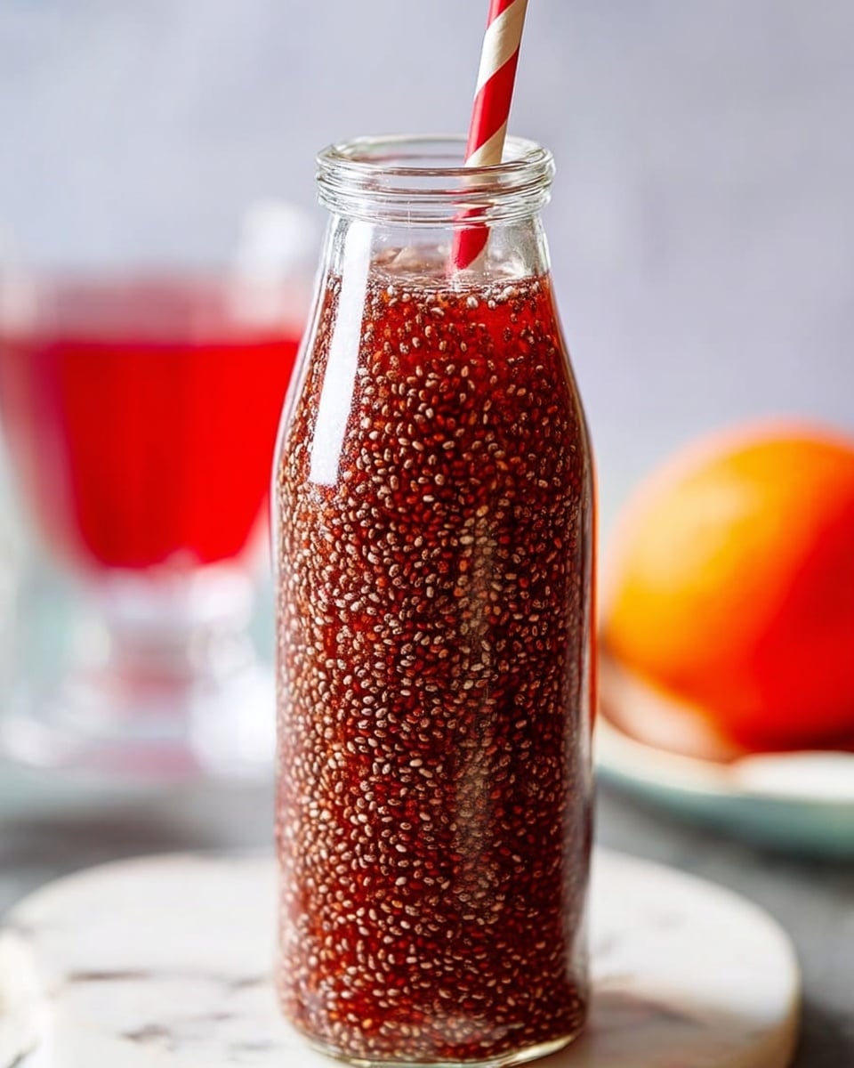 A clear glass bottle filled with a red liquid mixed with countless tiny black chia seeds suspended throughout, creating a textured look. The top of the bottle is slightly wider with horizontal ridges, and a red and white striped straw is inserted into it. In the background, there is a blurred glass of red drink and an out-of-focus orange object, all set on a white marbled surface. photo taken with an iphone --ar 4:5 --v 7