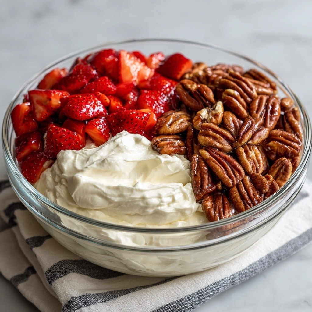 A white bowl filled with a creamy dessert showing visible chunks of red strawberries mixed in a thick white cream, topped with whole and broken pieces of golden-brown nuts scattered throughout. Behind it, a large clear glass bowl holds more of the same dessert with visible layers of strawberries and cream, also sprinkled with nuts on top. The bowls sit on a white marbled surface with a white cloth striped in dark lines underneath, next to a shiny metal spoon. Photo taken with an iphone --ar 4:5 --v 7