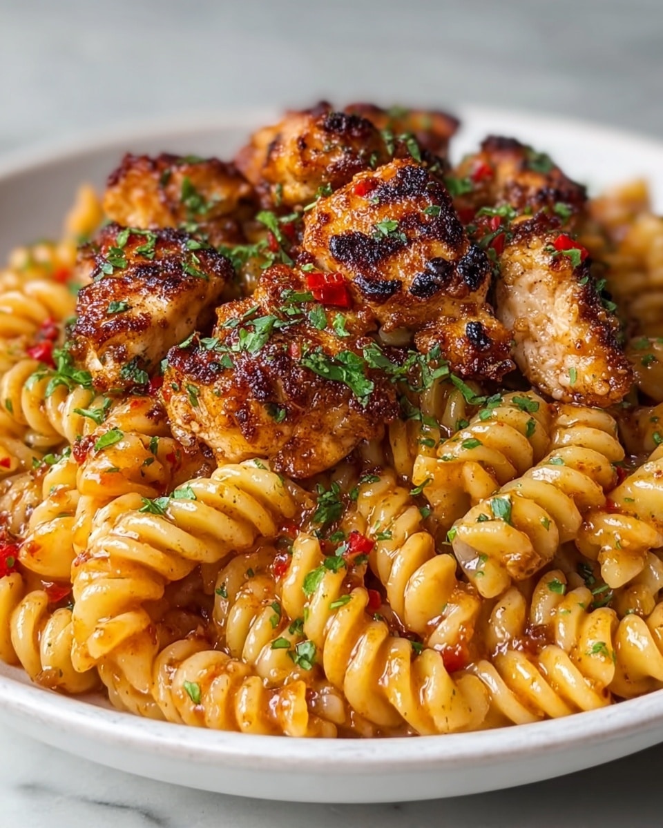 The image shows a white plate filled with spiral rotini pasta coated in a light, oily sauce with small red chili pieces and sprinkled green herbs spread throughout. On top of the pasta, there are several pieces of golden-brown grilled chicken, with a slightly charred texture and a shiny glaze, also garnished with finely chopped green herbs. The plate sits on a white marbled textured surface, and the overall look is warm and appetizing with a close-up view emphasizing the texture and color contrast between the pasta and chicken. photo taken with an iphone --ar 4:5 --v 7