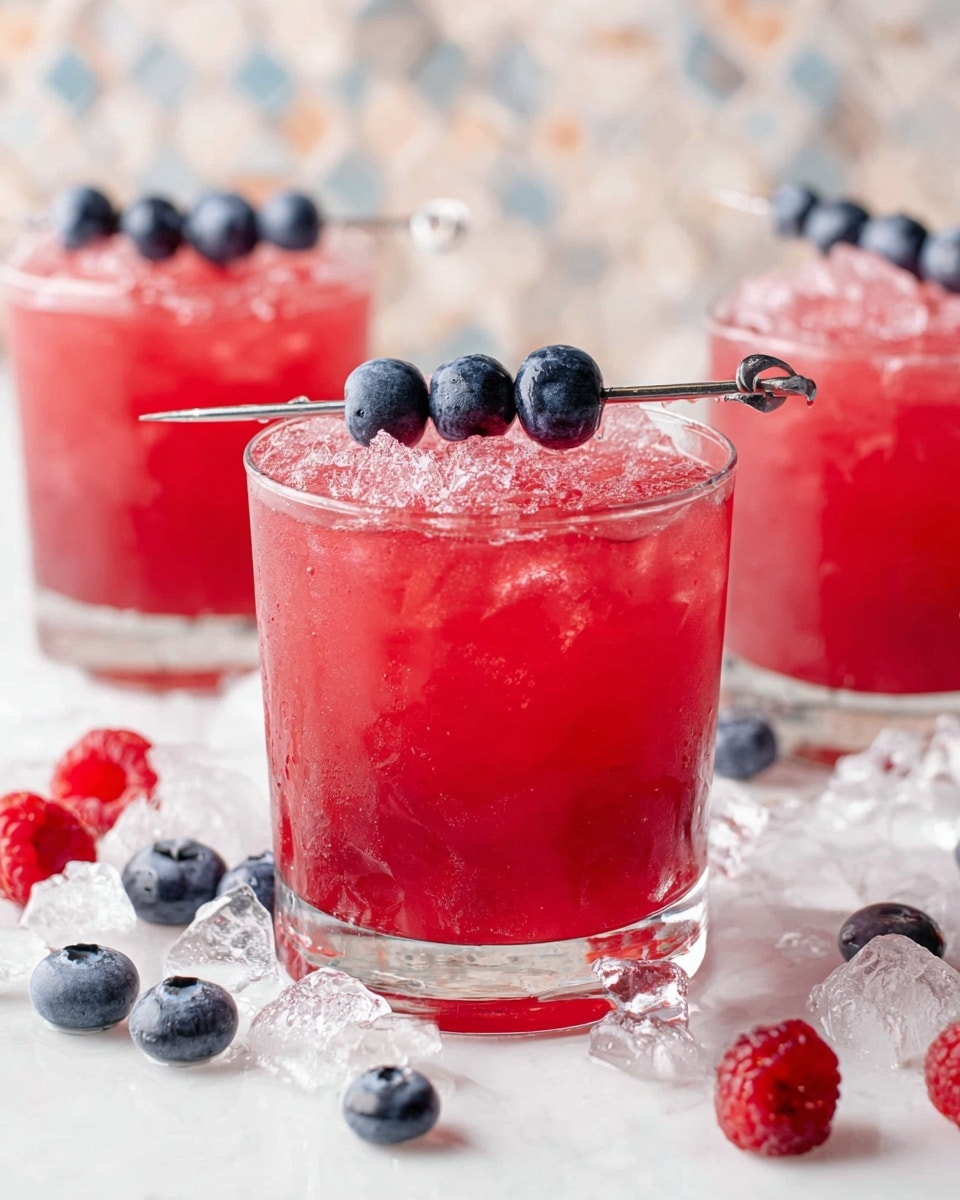 A clear glass is filled with bright pink-red liquid with crushed ice throughout, making the drink look cold and refreshing. On top, a skewer pierces four round dark blue blueberries, resting diagonally with a bright green fresh mint sprig beside it, adding a fresh touch to the drink. The glass sits on a white marbled surface with scattered blueberries, raspberries, and ice cubes around it. Another similar glass blurred in the background hints at more drinks. photo taken with an iphone --ar 4:5 --v 7