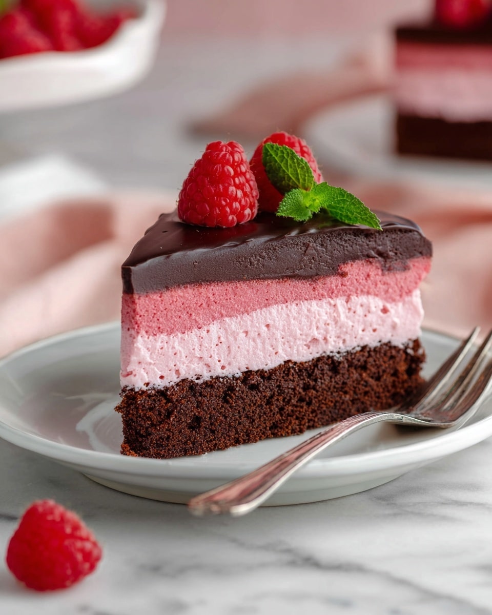 A triangle slice of a two-layered dessert sits on a white plate, placed on a white marbled surface. The bottom layer is dark brown, dense, and moist like chocolate cake or brownie. The middle layer is thick, fluffy, and light pink, looking like raspberry mousse. The top layer is a shiny dark chocolate glaze smoothly covering the pink layer. On top, there are two fresh bright red raspberries and a small green mint leaf as decoration. A silver fork rests on the plate beside the slice, and a single raspberry is out of focus on the white marbled surface in the front. In the background, faint pink and white shapes are softly blurred. photo taken with an iphone --ar 4:5 --v 7