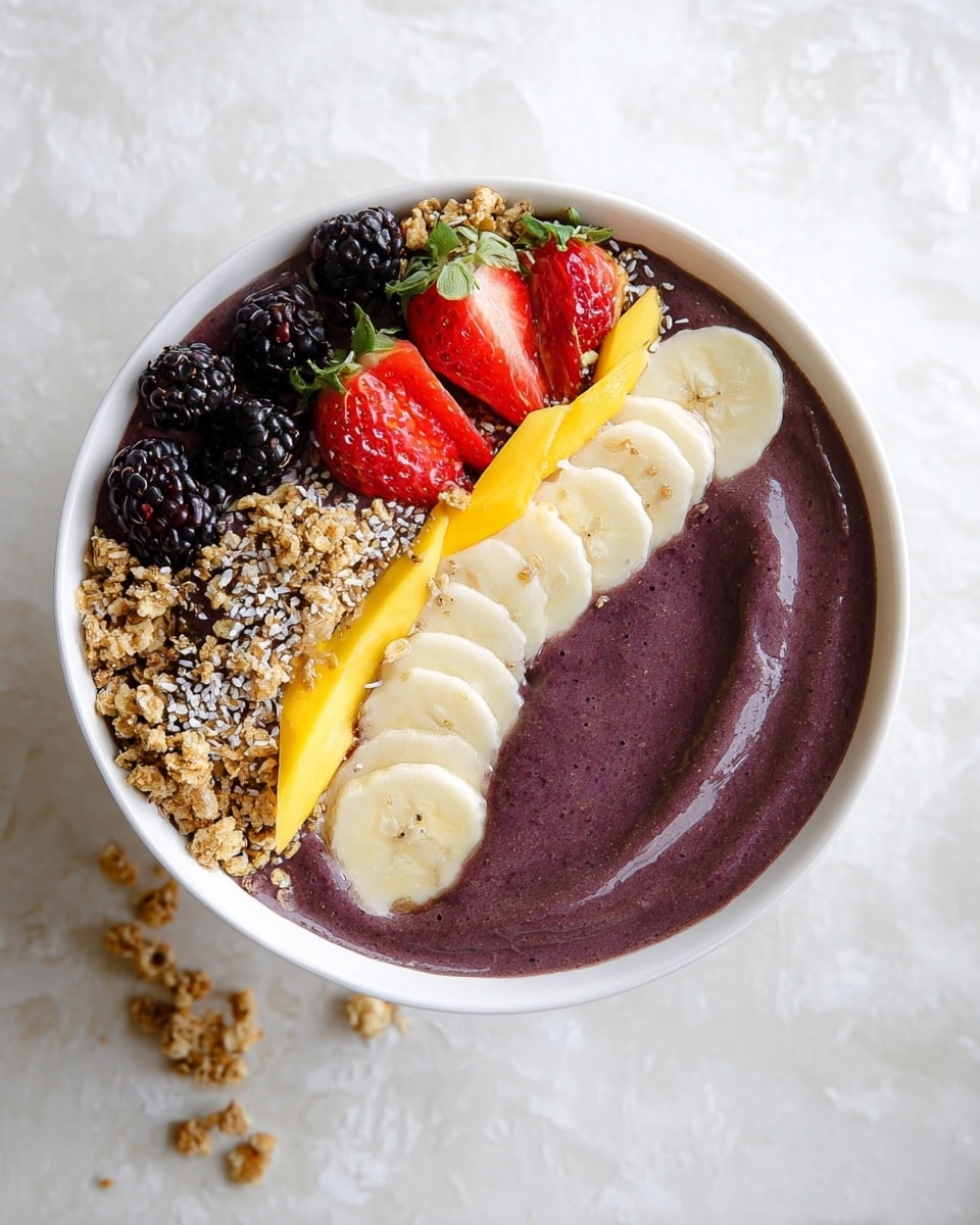 A white bowl filled with a smooth, thick purple smoothie base that has a creamy texture and slight swirls on the surface. On top, fresh fruit and granola are arranged in sections: bright red strawberries and dark blackberries on one side, golden yellow mango slices placed in a neat row near the top, and pale cream-colored banana slices with visible seeds in the center on the right side. Light brown granola is sprinkled mostly on the left and center areas, adding a rough, crunchy texture. The bowl sits on a white marbled surface with scattered bits of granola around it. Photo taken with an iphone --ar 4:5 --v 7