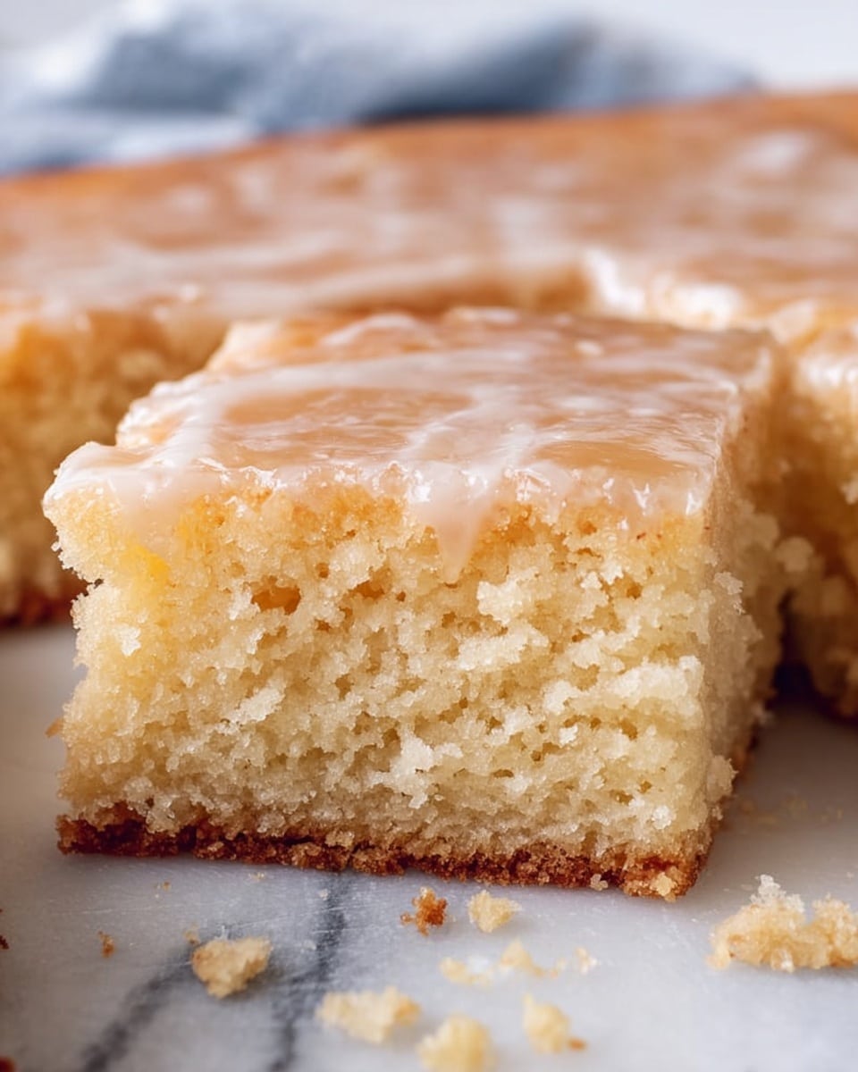 The image shows a close-up of a square piece of soft, moist cake with a light golden color. The cake has two layers: a dense, crumbly base and a shiny, slightly cracked glaze on top that appears smooth and slightly translucent. Crumbs are scattered around the cake on the white marbled surface beneath it, showing the texture of the cake. The piece is cut cleanly from a larger portion, revealing the soft inside and glossy top layer. photo taken with an iphone --ar 4:5 --v 7