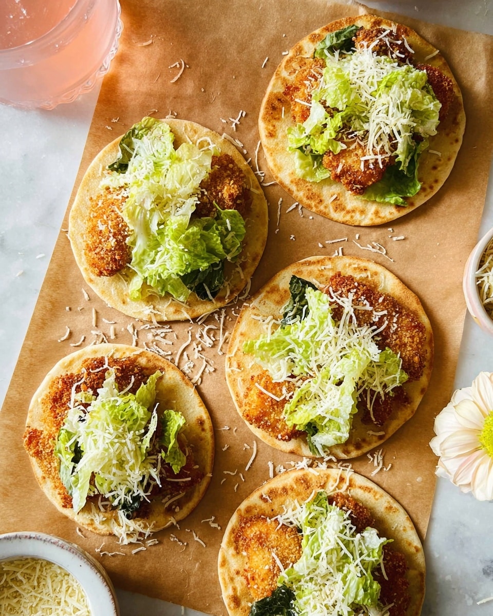 The image shows five small round flatbreads topped with golden brown, crispy breaded chicken pieces. Three of the flatbreads are layered with fresh green lettuce leaves and sprinkled with light yellow shredded cheese and some grated white cheese on top. The flatbreads are placed on a light brown parchment paper over a white marbled surface. Around the flatbreads, there are small piles of grated cheese and a soft white flower is visible near the bottom edge. A white bowl with grated cheese and a glass with pinkish liquid partially appear at the top edges of the image. Photo taken with an iphone --ar 4:5 --v 7