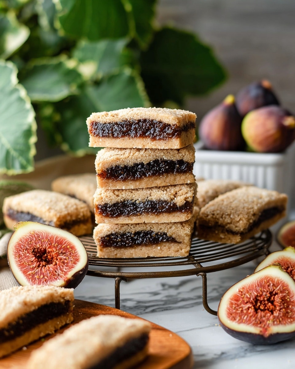 The image shows several rectangular fig bars stacked in two uneven piles on a round wire rack. Each bar has two visible layers: a golden-brown, slightly crumbly outer dough layer, and a thick, dense dark brown fig filling with a textured surface inside. Around the wire rack, some fig bars lie flat, and one is cut open to show the filling clearly. In the foreground, a halved fig with a deep pink center and purple skin leans against the rack. In the background, blurred green leaves from a plant and a white container filled with whole and halved figs add depth. The scene is set on a rustic wooden table with a white marbled texture as the surface. Photo taken with an iphone --ar 4:5 --v 7