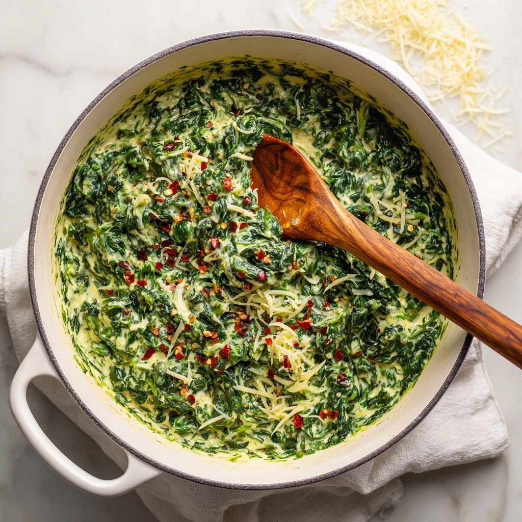 A large white pot filled with creamy creamed spinach, showing a thick, rich mix of finely chopped green spinach leaves blended into a smooth pale green creamy sauce. The dish is topped with shredded white cheese and small specks of red pepper flakes. The pot rests on a white marbled surface with some scattered shredded cheese around it, alongside a white cloth with small black patterns and a wooden spoon handle partially visible. Photo taken with an iphone --ar 4:5 --v 7