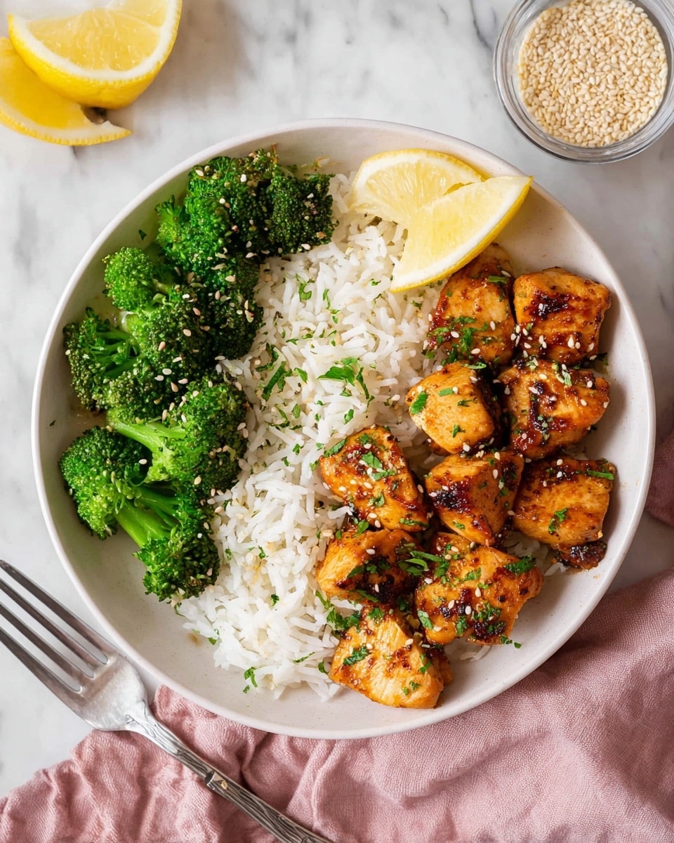 The image shows a white plate filled with many small, square pieces of cooked salmon that are orange-brown with a slight charred look. The salmon pieces are sprinkled with white sesame seeds and small green herb bits. On the plate, there are two lemon wedges placed near the bottom right side. A small white bowl filled with a creamy light orange sauce sits on the plate’s bottom left, next to the salmon pieces. Above the plate, on the white marbled surface, there is a small glass bowl with sesame seeds. The whole setup is on a white marbled surface with a soft pink cloth peeking from the bottom left corner. photo taken with an iphone --ar 4:5 --v 7