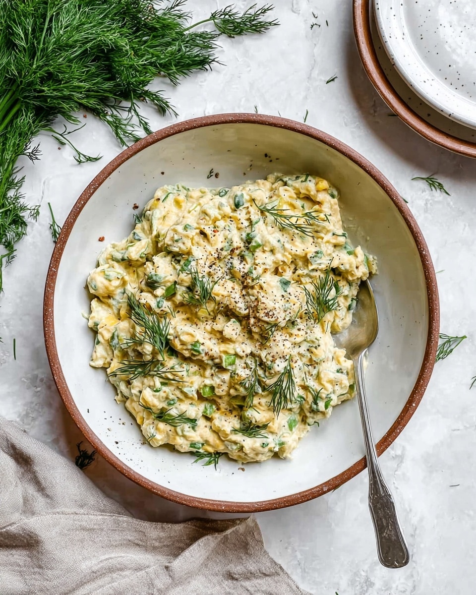 The image shows a white ceramic bowl filled with creamy, chunky potato salad. The salad has a pale yellow color with visible small pieces of pale green celery and red onion. It is mixed with fresh dill sprigs and sprinkled with cracked black pepper on top. A silver spoon rests inside the bowl, slightly buried in the salad. The bowl sits on a white marbled surface next to a beige cloth. Photo taken with an iphone --ar 4:5 --v 7