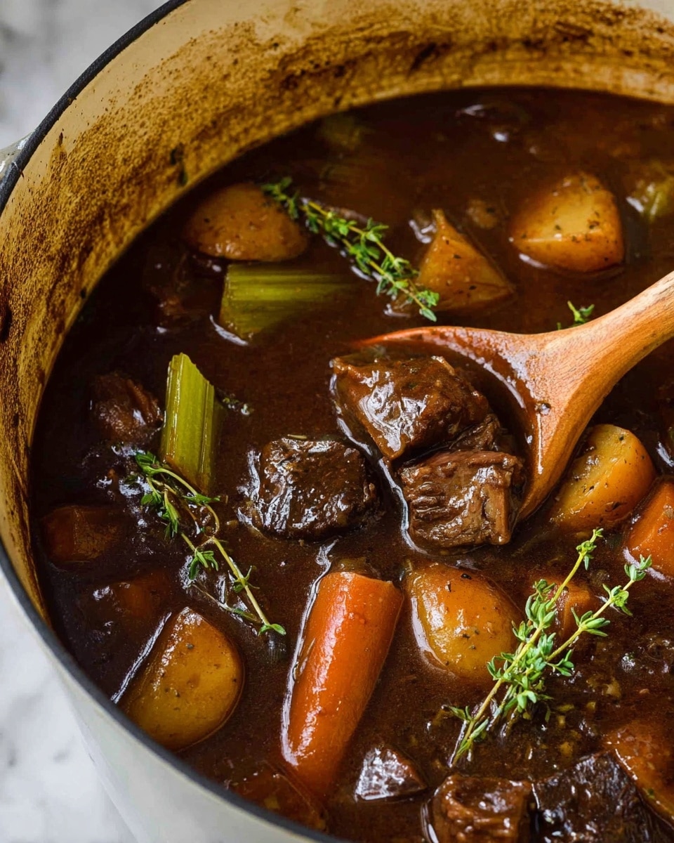 This image shows a close-up inside a white pot filled with a rich, dark brown beef stew. There are soft chunks of beef, thick carrot pieces in a deep orange color, celery stalks with a pale green shade, and quartered golden potatoes submerged in the glossy brown broth. Bright green sprigs of fresh thyme float on top, adding a touch of freshness. A wooden spoon with a smooth surface is partially dipped into the stew, lifting some of the hearty ingredients. The pot’s edge has some brown stains from cooking, and the background is a white marbled texture. Photo taken with an iphone --ar 4:5 --v 7