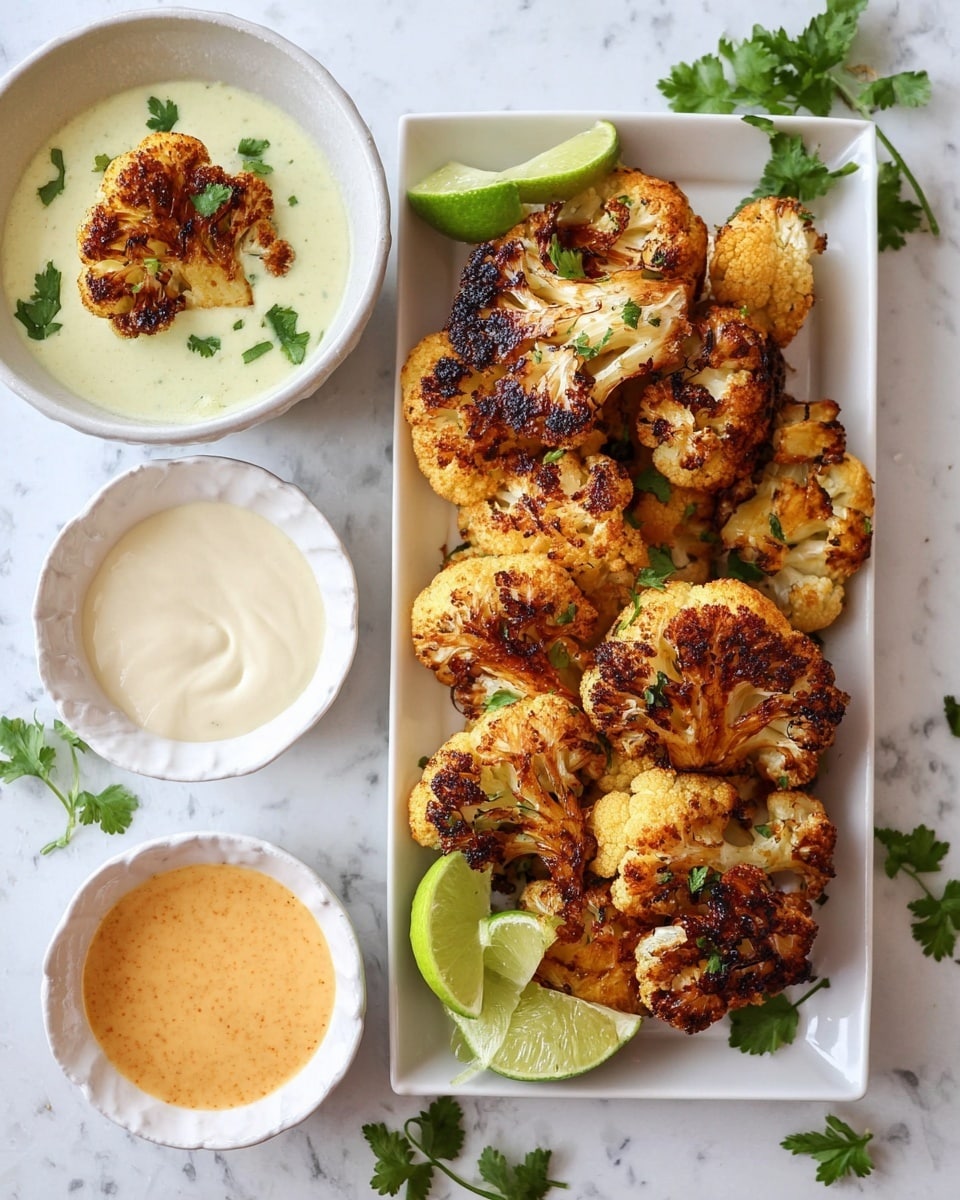 A white rectangular plate is full of golden brown roasted cauliflower florets with some darker charred spots, garnished with green parsley leaves and accompanied by two lime wedges on the side. To the left of the plate, there are three small white bowls placed vertically, each holding a different sauce: the top bowl contains a creamy pale green sauce with one cauliflower floret dipped inside, the middle bowl has a smooth white sauce, and the bottom bowl holds a light orange sauce with a swirl on top. Fresh parsley sprigs are scattered around the dishes on a white marbled surface. photo taken with an iphone --ar 4:5 --v 7
