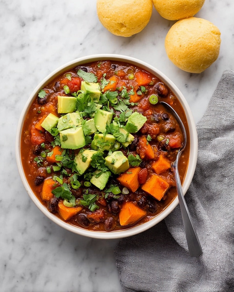 A bowl filled with three main layers: the base layer is a thick stew made of black beans and diced tomatoes with a rich reddish-brown sauce, mixed with chunks of orange sweet potato scattered throughout. On top of the stew, there is a generous layer of fresh green diced avocado pieces mainly on one side of the bowl, and some bright green chopped scallions sprinkled across. A bunch of fresh, leafy cilantro with large leaves sits on one edge above the avocado. A spoon with a silver handle is placed inside the bowl on the right side, slightly submerged in the stew. The bowl is white with small brown speckles, and it rests on a white marbled surface next to a gray cloth napkin. Photo taken with an iphone --ar 4:5 --v 7