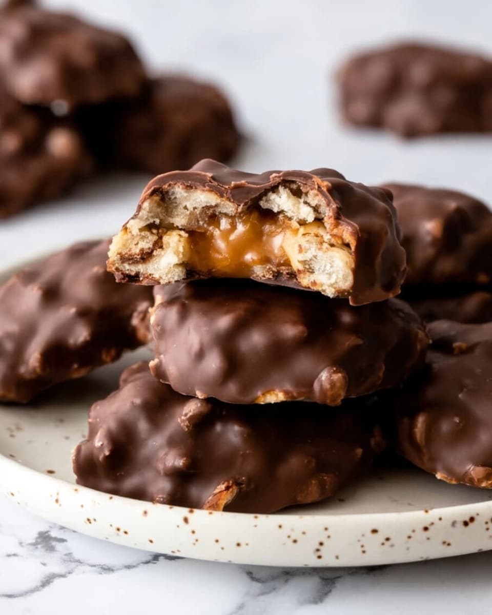 The image shows several dark chocolate clusters stacked on a white speckled plate, placed on a white marbled surface. One cluster is broken open and positioned on top of the others, revealing a gooey light caramel layer mixed with small nut pieces inside. The chocolate coating is thick and glossy with a bumpy texture from the nuts beneath. Around the plate, more chocolate clusters are scattered, all sharing the same rough, chunky shape. In the background, a soft checkered cloth adds a cozy feel to the scene. photo taken with an iphone --ar 4:5 --v 7