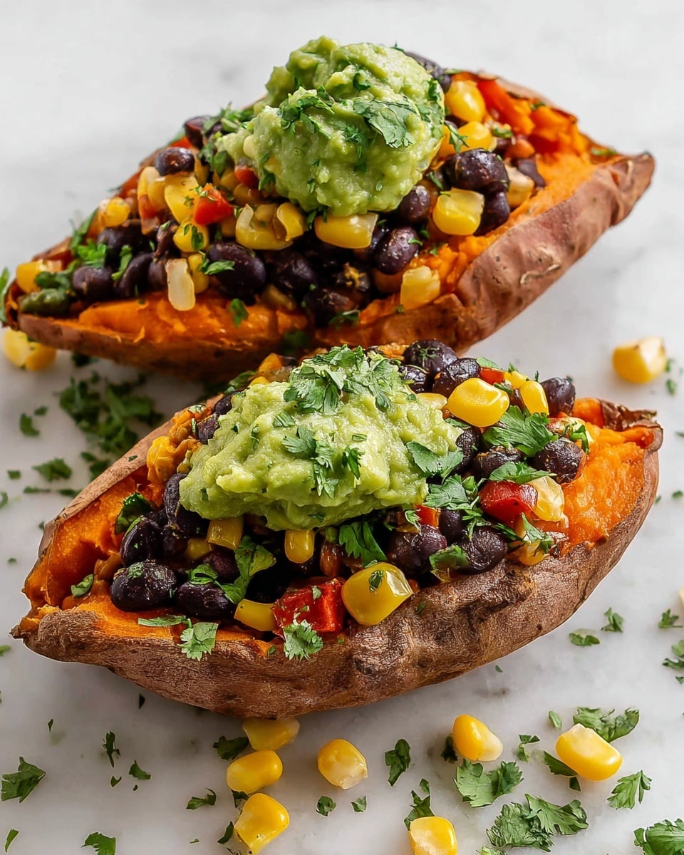 Two baked sweet potato halves are placed on a white marbled surface. Each half has a soft orange inside layer with a slightly rough skin edge. On top of this is a colorful mixture of black beans, yellow corn, small pieces of red bell pepper, and green herbs, giving a fresh look. Each potato half is topped with a dollop of bright green guacamole, sprinkled with chopped cilantro. A few corn kernels and small herb pieces are scattered around the potatoes on the white marbled surface. photo taken with an iphone --ar 4:5 --v 7