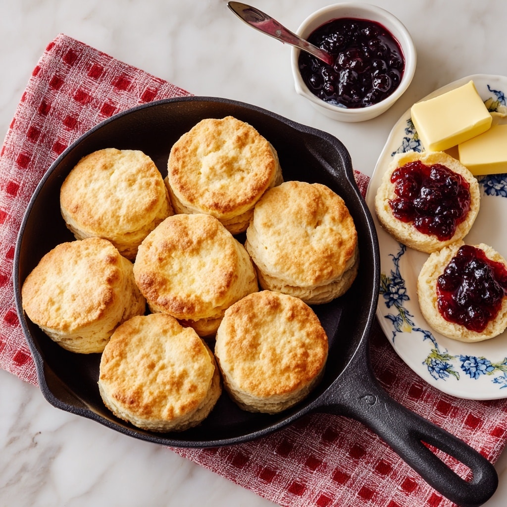 The image shows a black cast iron skillet filled with ten golden brown biscuits, arranged close together with soft, fluffy texture and slightly crisp tops. Beside the skillet, there is a white bowl with small dark blueberry jam and a spoon inside. Next to it, a white plate with blue floral pattern holds two split biscuits, each topped with a thick layer of the dark blueberry jam that shines slightly. Above the plate, there is a small white dish with two pieces of light yellow butter and a butter knife resting on top. Everything is placed on a white marbled surface with a red and white checkered cloth partially under the skillet. Photo taken with an iphone --ar 4:5 --v 7