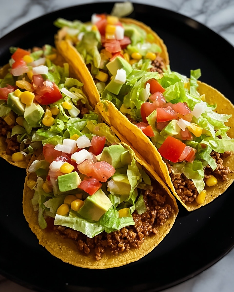 Three small tostadas are presented closely on a round black plate, placed on a white marbled surface. Each tostada has a thick, crispy yellow corn tortilla base. On top, crumbled browned ground meat forms the first layer, spreading evenly on each tortilla. Over the meat, light green shredded lettuce adds a crisp texture. Scattered yellow corn kernels and small white cheese cubes are mixed in the next layer. Fresh diced red tomatoes and chunks of creamy green avocado sit on top, completing the colorful and fresh presentation. The photo taken with an iphone --ar 4:5 --v 7