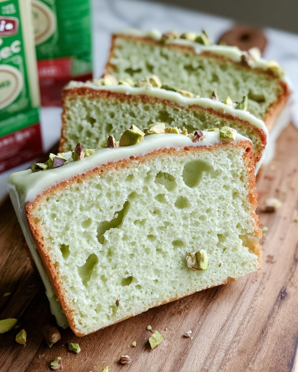 Three slices of light green cake with a soft, airy texture and small holes are stacked on a wooden board. The cake has a thin crust that is golden brown. A smooth, pale glaze lightly coats the top of each slice, sprinkled with small chopped pistachio pieces adding a touch of green and brown. The light green color of the cake contrasts gently with the wooden surface beneath. In the background is a carton with green and red colors partially visible. Photo taken with an iphone --ar 4:5 --v 7