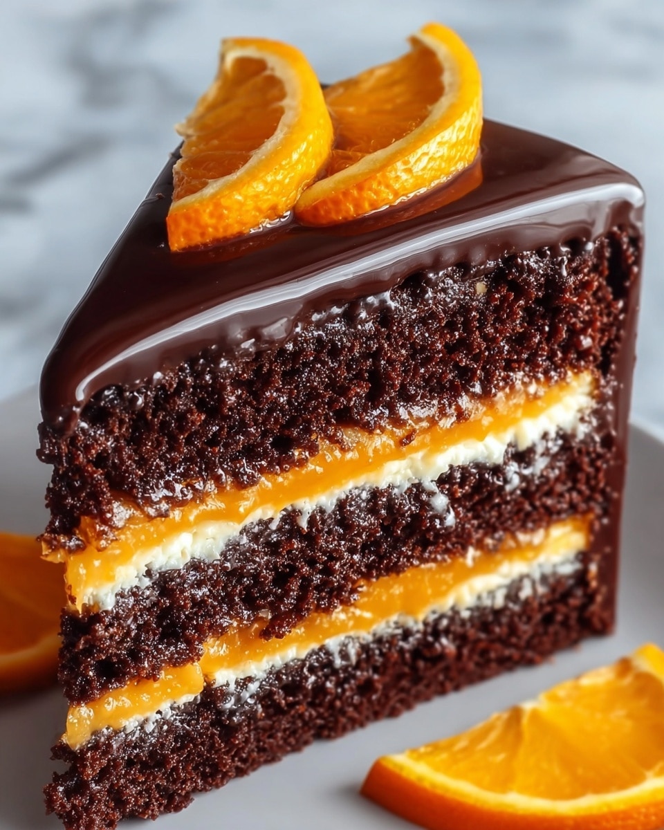 A close-up view of a three-layer chocolate cake slice with moist, dark brown cake layers separated by alternating layers of smooth, bright orange filling and creamy white filling. The top is glossy dark chocolate ganache with a shiny, smooth texture, and it is garnished with two thin, fresh orange slices placed neatly on top. The cake slice sits on a white plate against a background featuring a white marbled texture. photo taken with an iphone --ar 4:5 --v 7