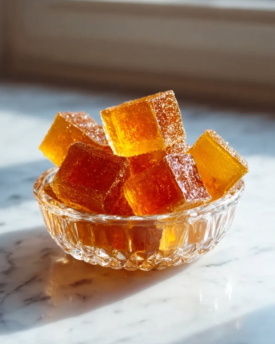 A clear glass bowl with vertical ridges is filled with five shiny, square-shaped jelly cubes that have a golden orange color with a slightly translucent and sugary texture. The bowl rests on a white marbled surface, softly lit by natural light coming from a window in the background, creating gentle shadows and highlights on the jelly. photo taken with an iphone --ar 4:5 --v 7