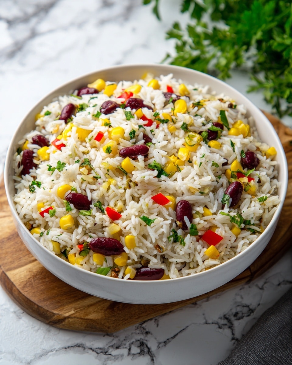 A white bowl filled with a colorful mix of rice, black beans, red kidney beans, sweet corn, and chopped red bell peppers, all evenly mixed together with small pieces of green herbs scattered throughout; the textures range from the soft, fluffy rice grains to the firmer beans and crunchy vegetables, all resting on a white marbled surface. photo taken with an iphone --ar 4:5 --v 7