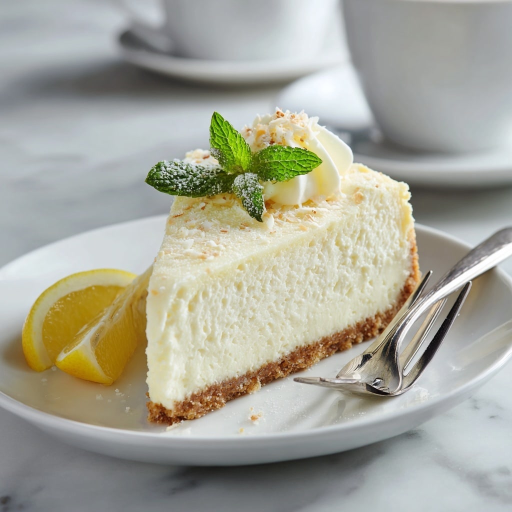 A slice of creamy, pale yellow cheesecake with a slightly grainy texture sits on a white plate, showing a thin, light brown crust at the bottom. The top of the cheesecake is smooth and decorated with a few white chocolate curls and a small mint sprig, adding a fresh green contrast. A small lemon wedge is placed next to the slice, and a shining silver fork rests on the plate’s right side. The background features a white marbled surface with a white cup softly blurred behind the plate. The photo is taken with an iphone --ar 4:5 --v 7