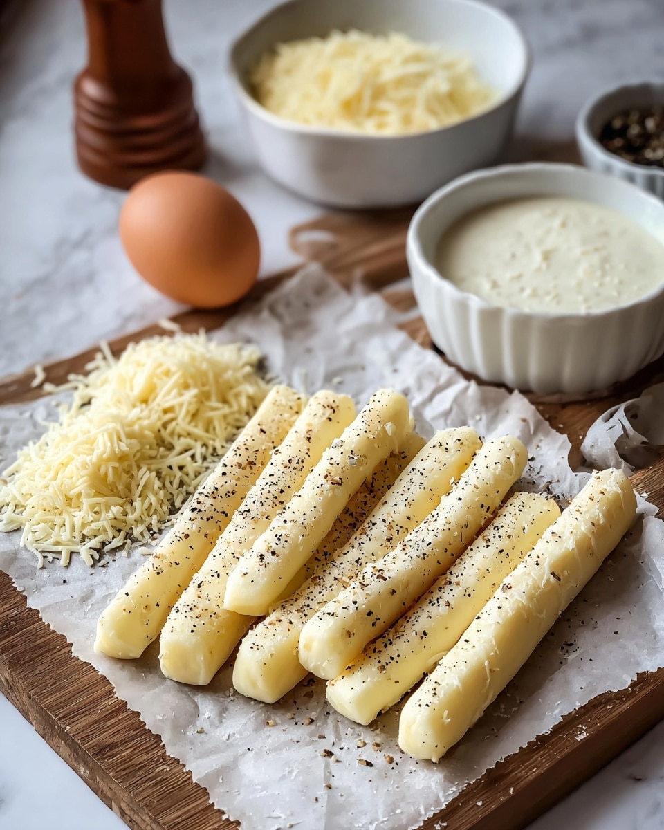 The image shows two neat rows of pale yellow cheese sticks, each stick sprinkled lightly with black pepper, placed on a sheet of parchment paper over a wooden board. To the left of the cheese sticks, there are two small piles of grated cheese in slightly different textures. Behind these, a small white bowl filled with a creamy white sauce is positioned near a brown egg standing upright. In the background, there is a blurred pepper mill and a white bowl filled with more grated cheese. The whole setting is on a white marbled surface. photo taken with an iphone --ar 4:5 --v 7