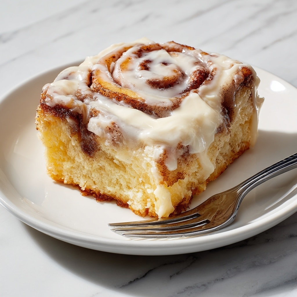 A thick square slice of cinnamon roll sits on a white plate with a shiny metal fork nearby. The bottom layer is fluffy and light yellow dough, soft and dense. Above it, multiple swirling layers of golden-brown dough with cinnamon sugar filling create wave-like shapes, all topped with a glossy, creamy white icing that drips slightly down the sides. The plate rests on a white marbled surface. photo taken with an iphone --ar 4:5 --v 7