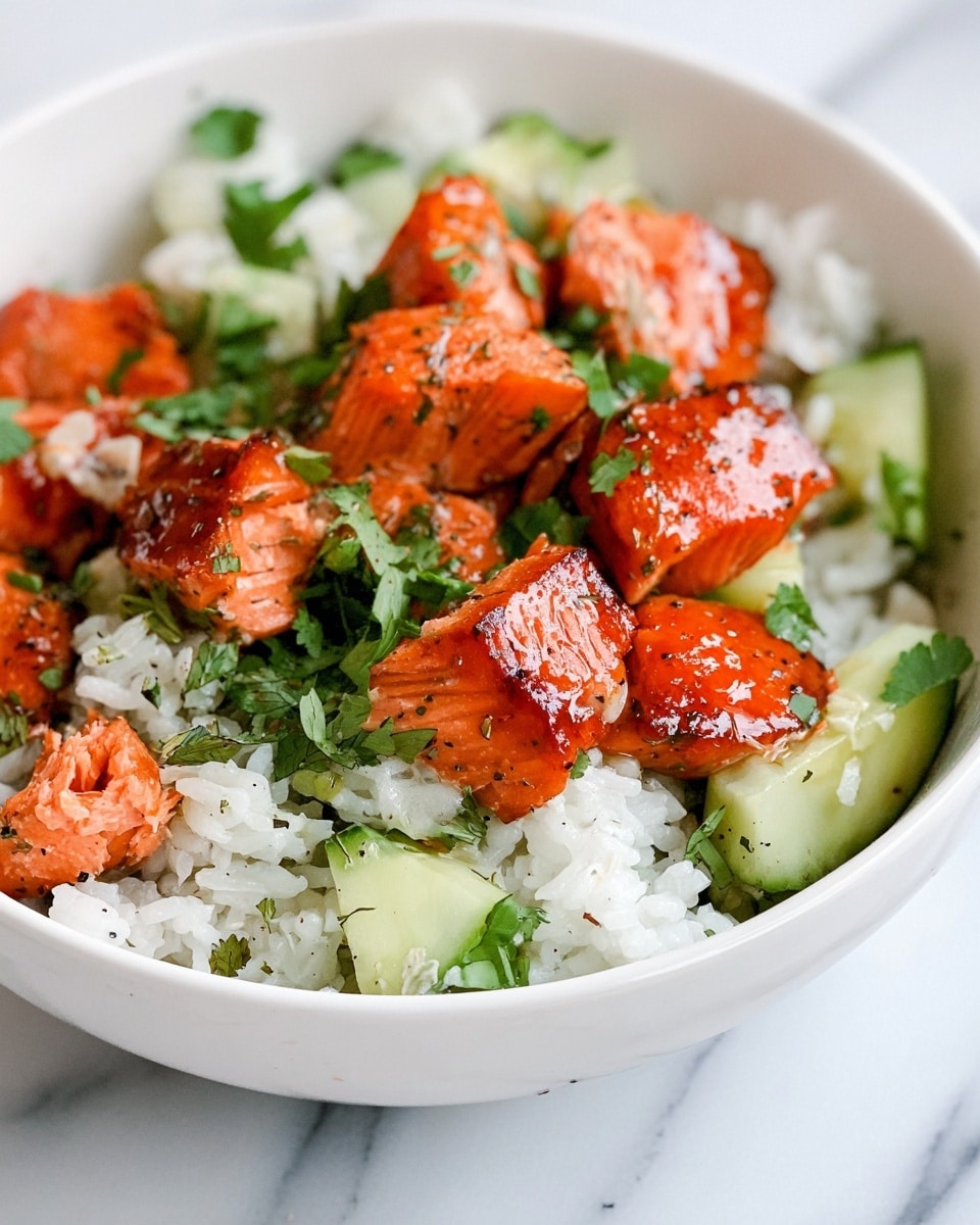 This image shows a white bowl filled with a layered dish. The bottom layer is white rice with soft, separated grains. Scattered over the rice are small green cucumber pieces and fresh cilantro leaves adding a bright green color. On top, there are chunks of cooked salmon with a shiny, reddish-orange surface that looks slightly crispy and seasoned with small herbs and black pepper. The textures show a mix of soft rice, juicy cucumber, fresh herbs, and firm cooked salmon. The bowl sits on a white marbled surface. Photo taken with an iphone --ar 4:5 --v 7